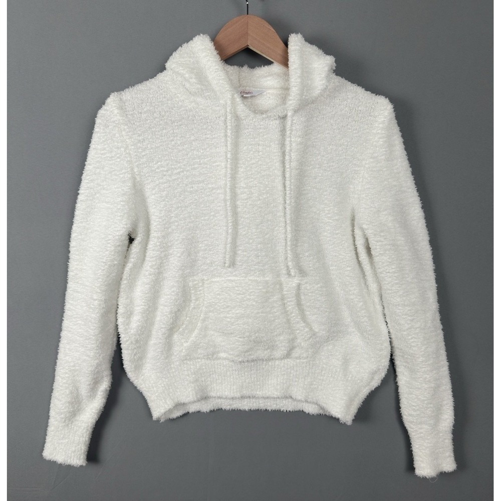 Candie's Soft Fuzzy Hoodie Women's Medium‎ White Cozy Plush Cropped Sweatshirt